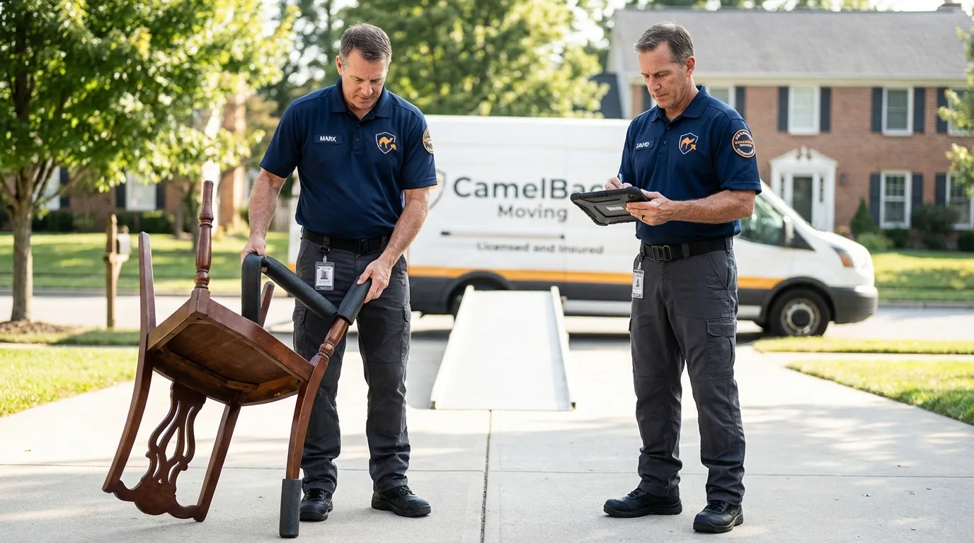 Movers inspecting furniture for damage prevention before loading in Chandler, AZ