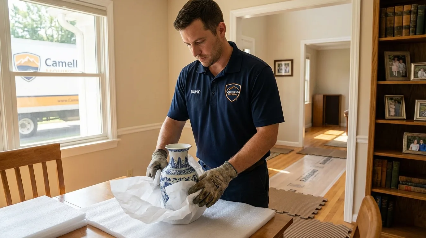 Professional crew carefully wrapping antique vase for senior downsizing move in Chandler, AZ
